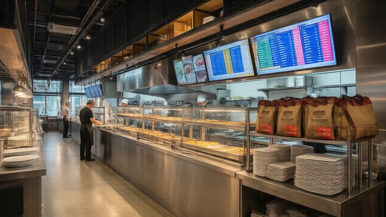 Shared commercial ghost kitchen with several branded stations, order tickets on a kitchen display screen, and stacked delivery bags ready for dispatch